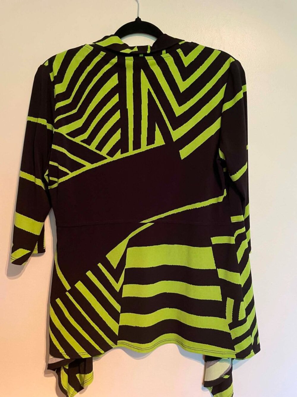 Frank Lyman Design Open Front Cardigan Jacket Lime Green Black Geometric size 8